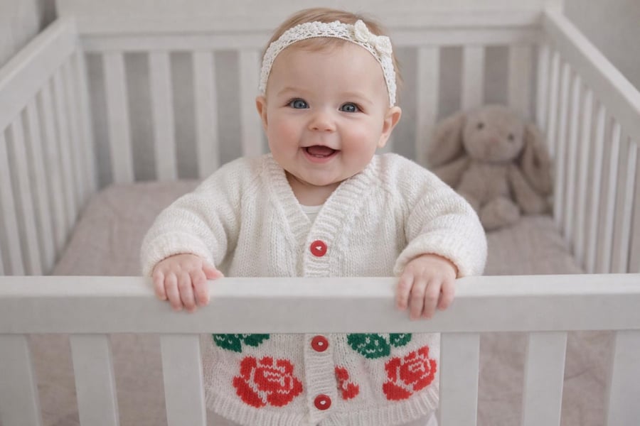 White cardigan, with standout English Rose motif. Soft and comfortable, fun gift