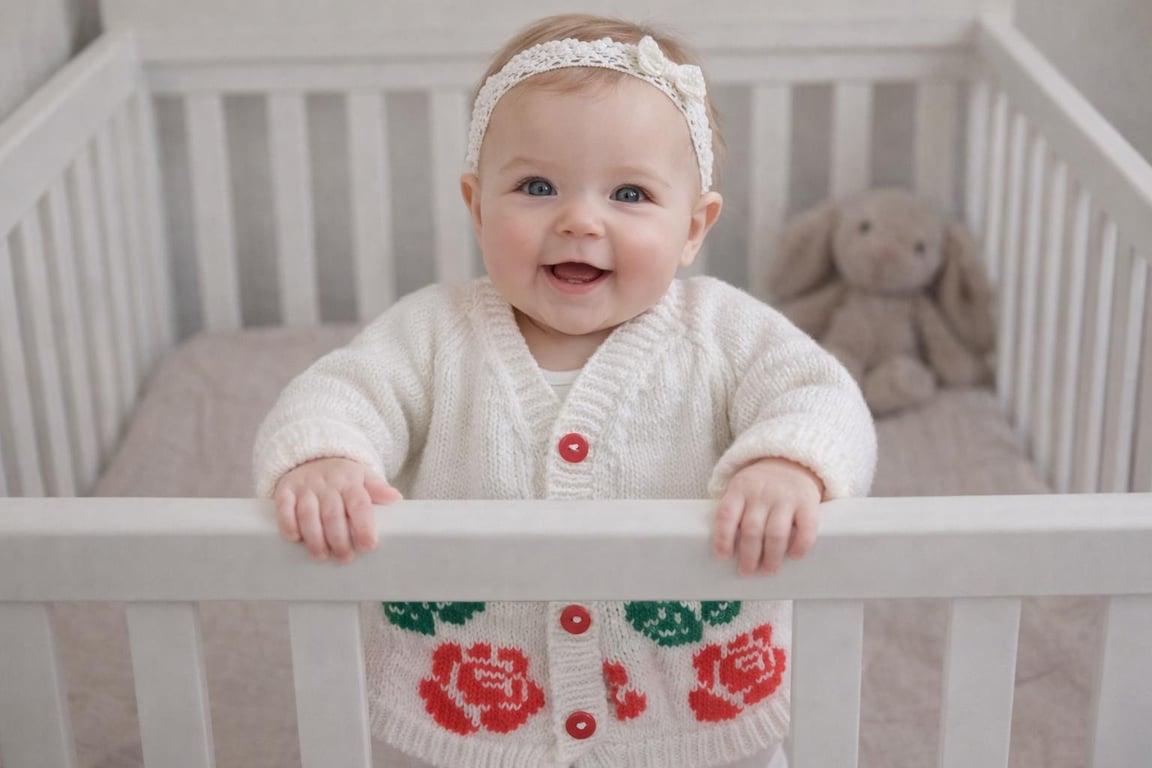 White cardigan, with standout English Rose motif. Soft and comfortable, fun gift