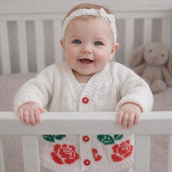 White cardigan, with standout English Rose motif. Soft and comfortable, fun gift