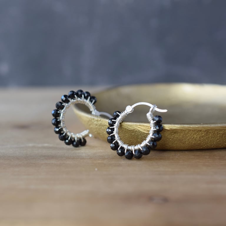 Black Gemstone Hoop Earrings - Handmade Silver Jewellery 