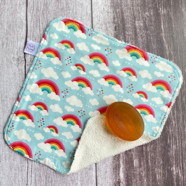 Organic Bamboo Cotton Wash Face Cloth Flannel Aqua Blue Rainbows Hearts