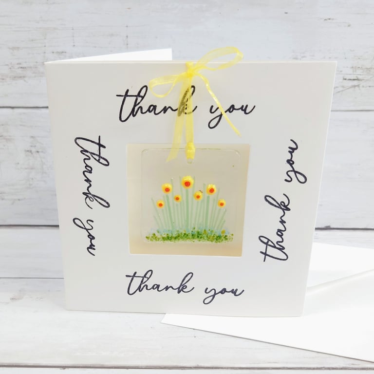 Thank You Card with Removeable Fused Glass Flowers Hanging Decoration