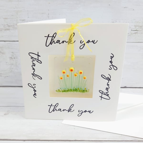 Thank You Card with Removeable Fused Glass Flowers Hanging Decoration