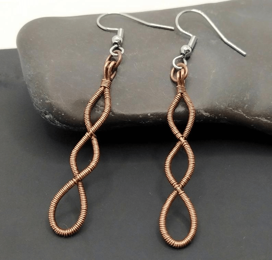 Infinity Twisted Wire Wrapped Drop Earrings in Oxidised Copper