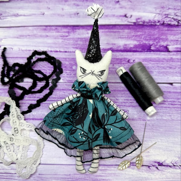 Goth White Kitty Art Doll Blue