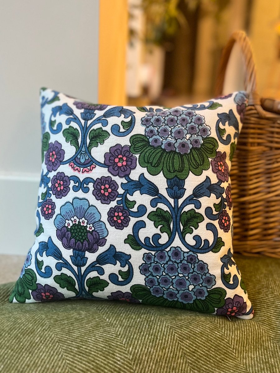 Vintage floral barkcloth cushion cover with green velvet back