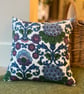 Vintage floral barkcloth cushion cover with green velvet back