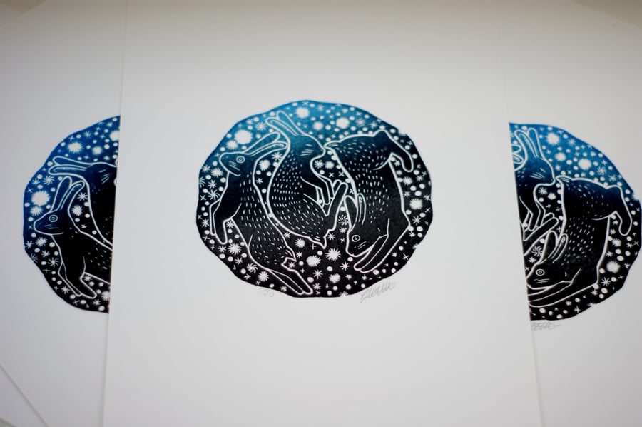 SALE Celestial Bunnies Rabbit Hares Stars Lino Print 