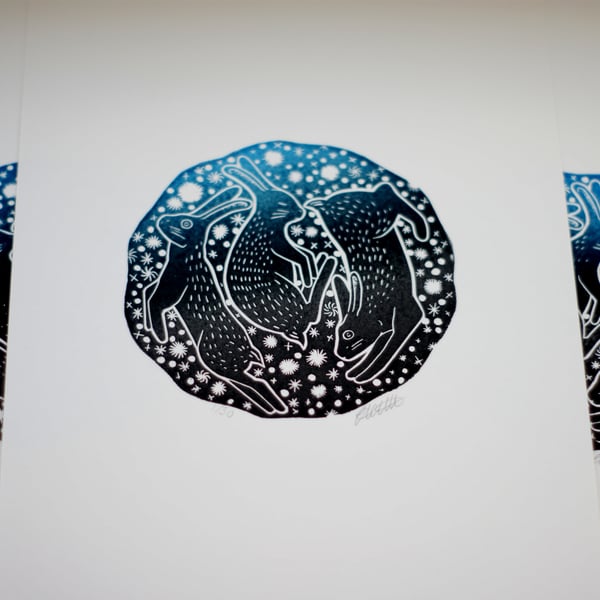 SALE Celestial Bunnies Rabbit Hares Stars Lino Print 