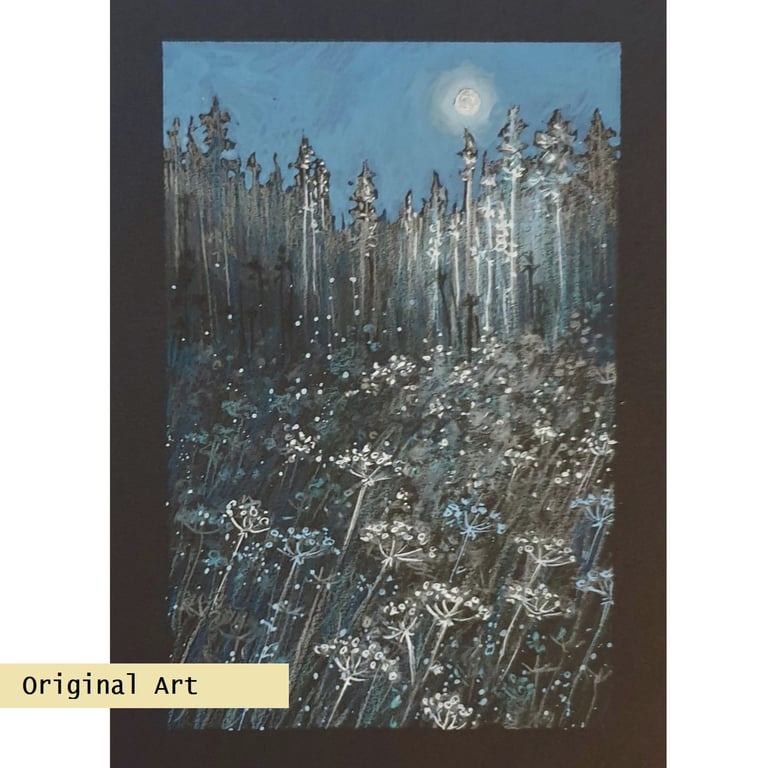 Moonlit Night Flower Meadow, original landscape art, wall art, floral landscape