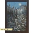 Moonlit Night Flower Meadow, original landscape art, wall art, floral landscape