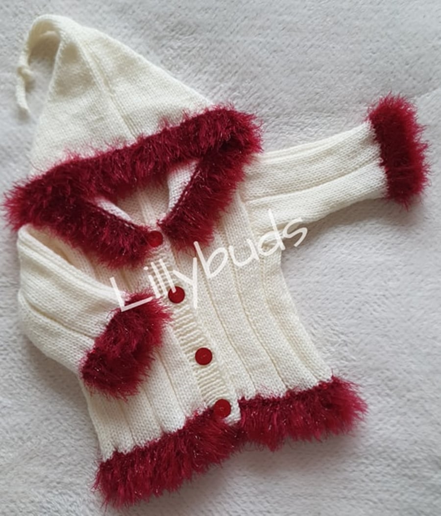 Hand knitted baby cardigan, jacket, hoodie, fur trim, hood, Christmas