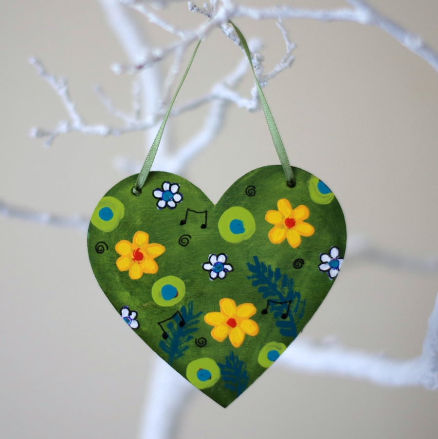 Yellow Flowers Hanging Heart, Green Spring Decoration, Easter Hanging Decoration