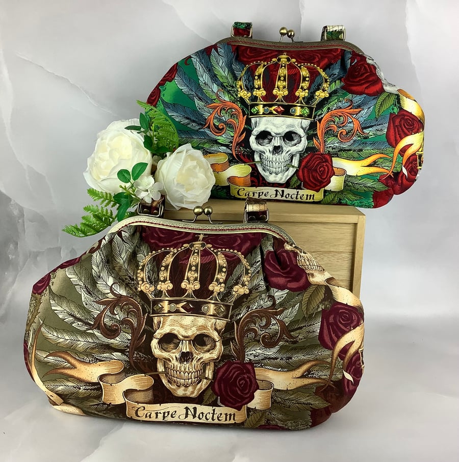 Gothic skulls Carpe Noctem shoulder bag, Kiss lock frame bag, 2 colour options