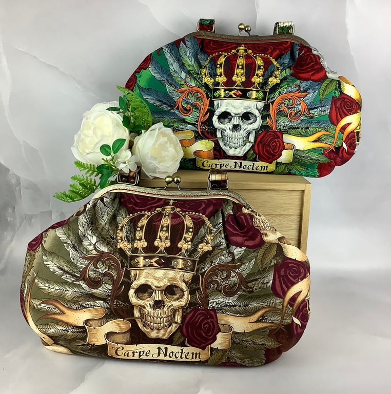 Royal skull large frame shoulder bag, Kiss clasp bag, 2 colour options, Handmade