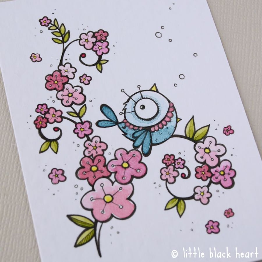 bluebird and blossom - original aceo