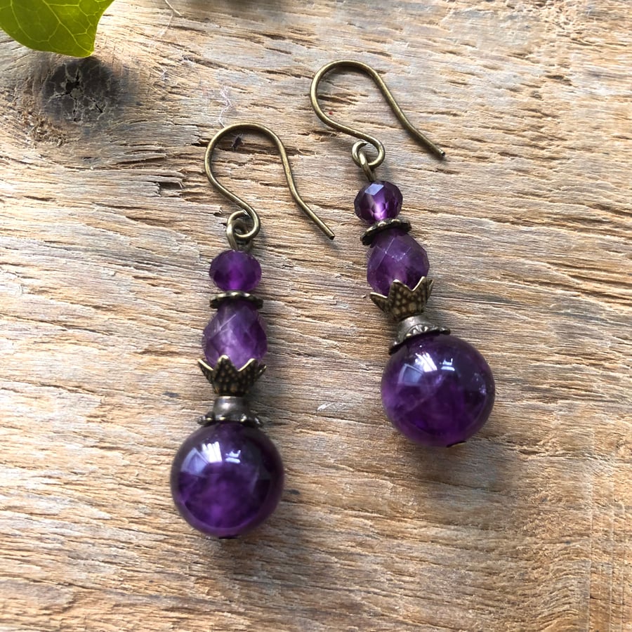 Amethyst Earrings, Beaded Dangle Earrings, Vintage Boho Style Earrings
