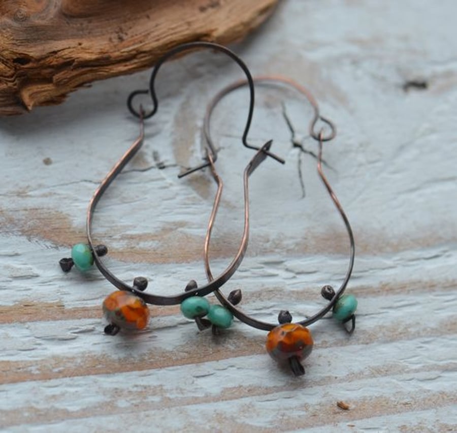 Handmade Copper Hoop Earrings with Orange and Turquoise Beads