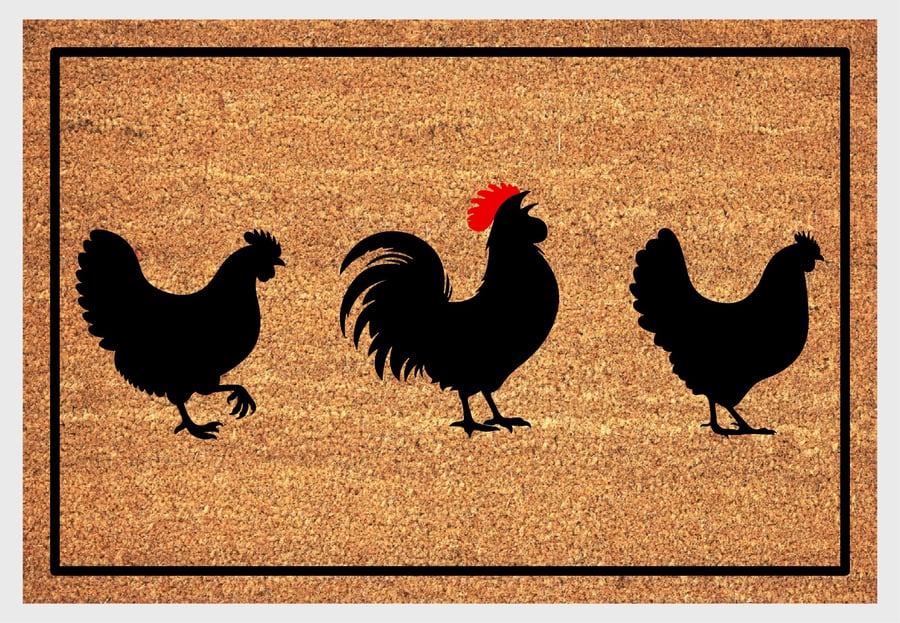 Rooster and Hens Door Mat - Chickens Welcome Mat - 3 Sizes