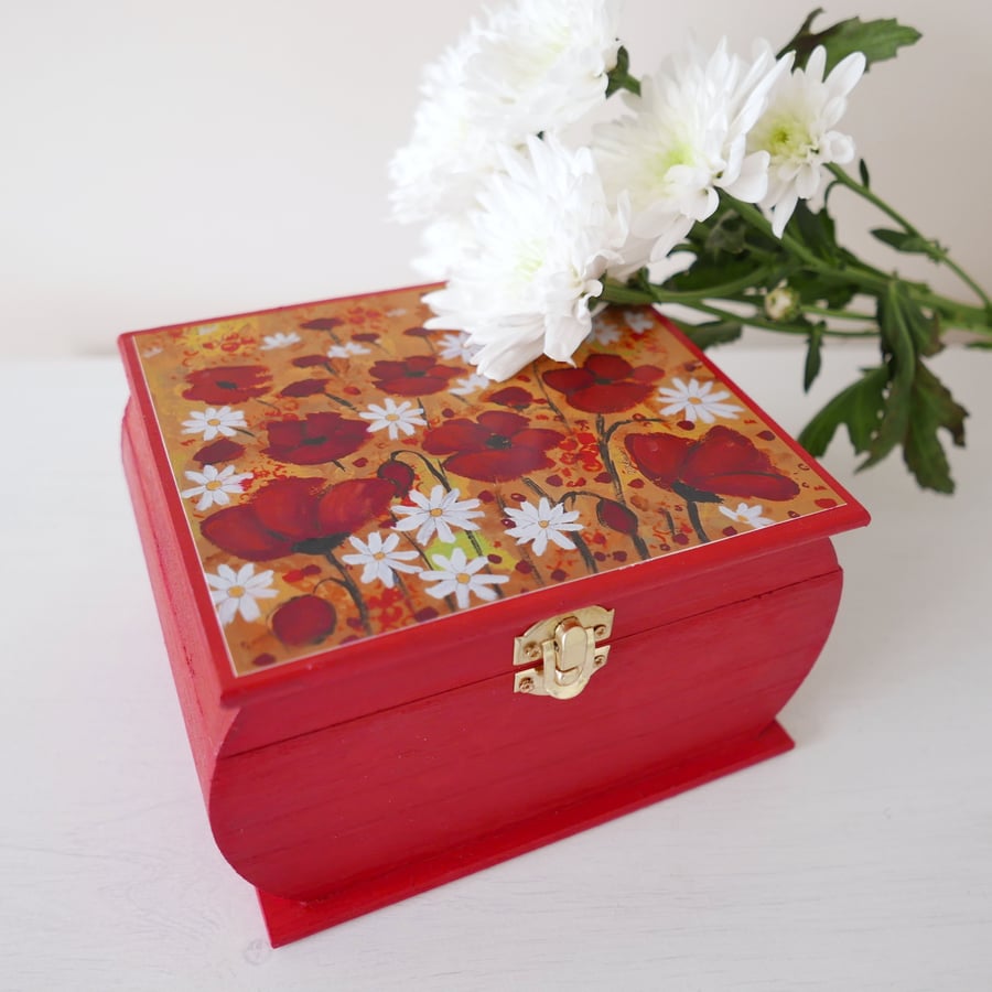 Red Storage Box with Poppy Art Print, Craft Room Storage, Make-up Box