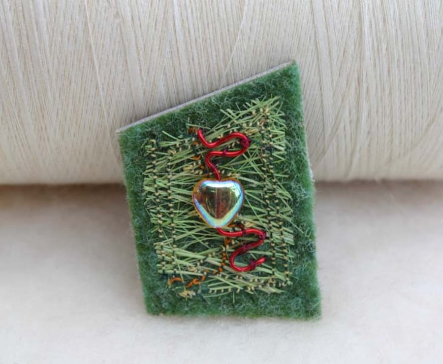 Hand made green heart brooch