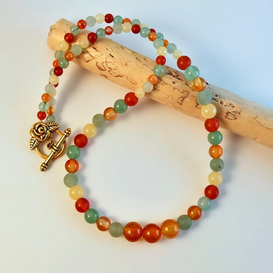 Mixed Gemstone Necklace, Aventurine, Carnelian & Ambronite - Handmade In Devon
