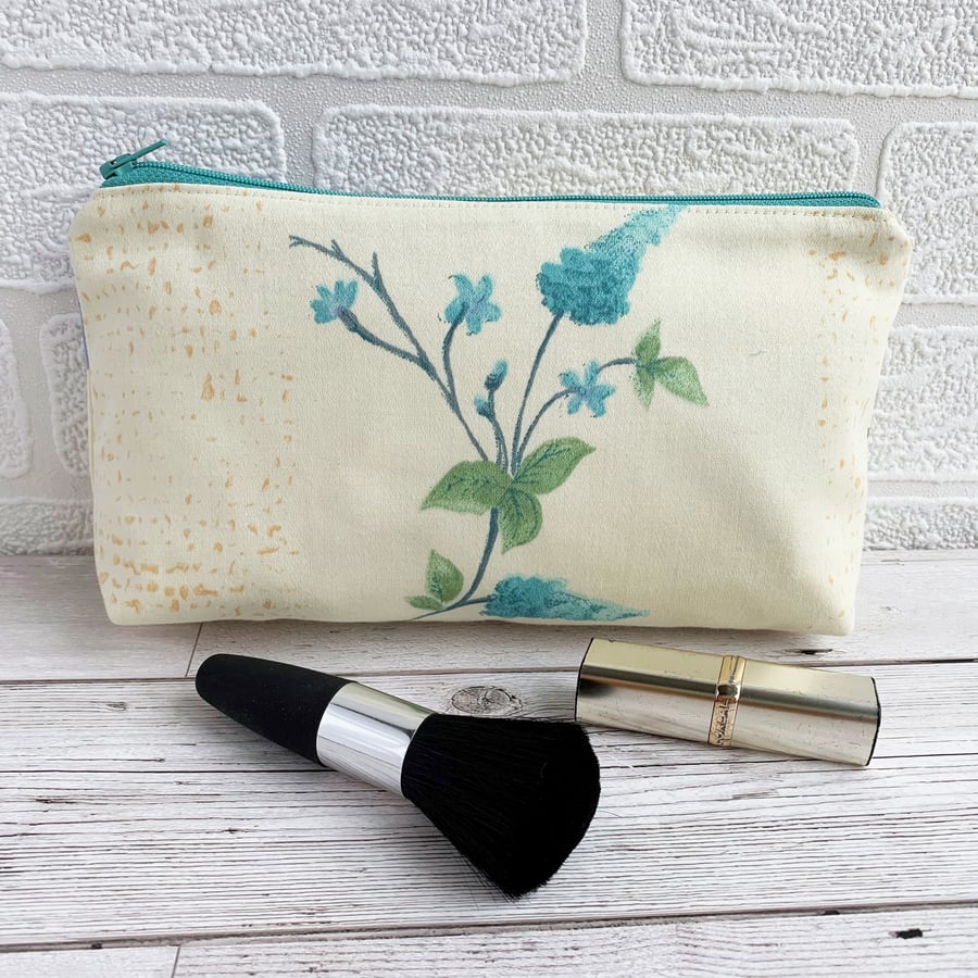 SOLD - Make up Bag, Cosmetic Bag with Turquoise Flowers
