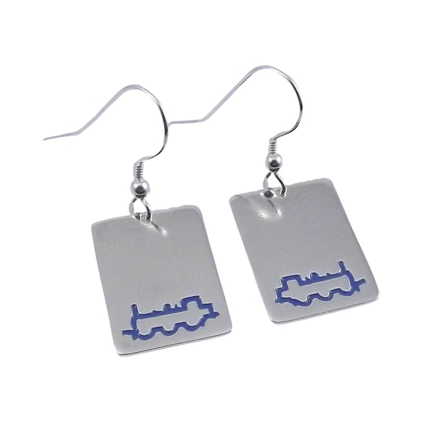 Steam Train Drop Earrings (side view) , silver railway jewellery, handmade gift