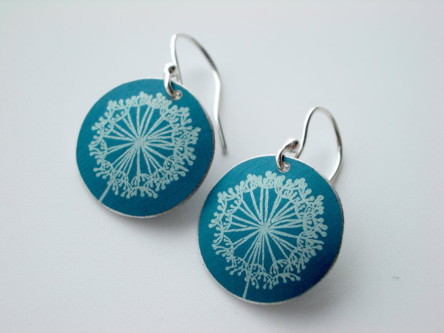 Dandelion clock earrings in blue and silver