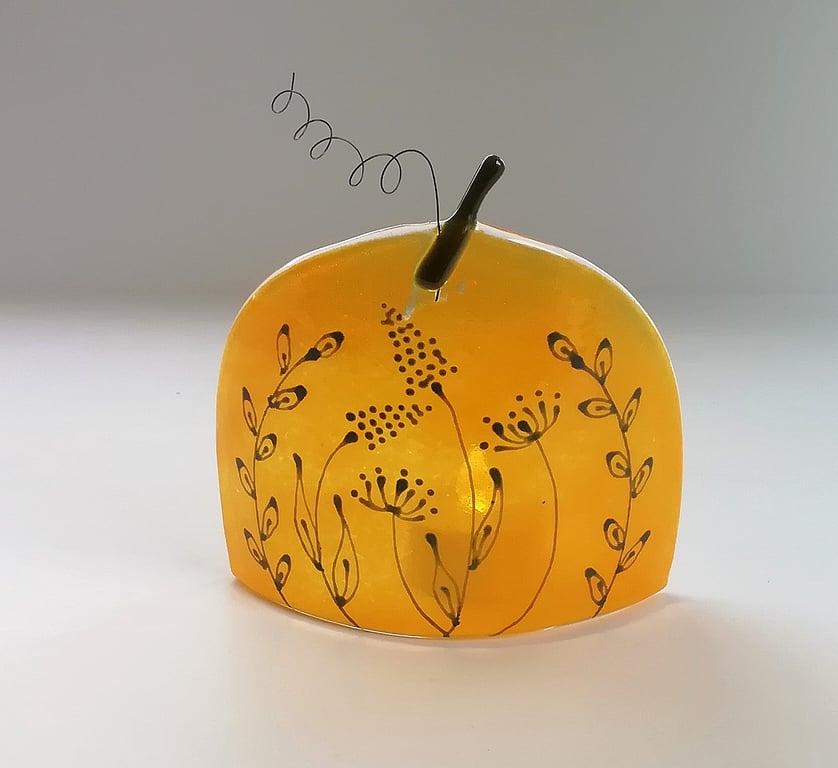 Pumpkin tea light cover, folkart pumpkin, fused glass art, candle screen. 