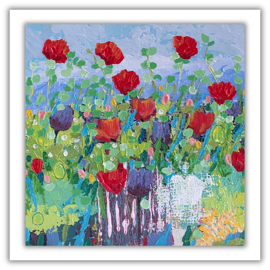 Original impasto wildflower painting - acrylics - ready to hang - red poppies