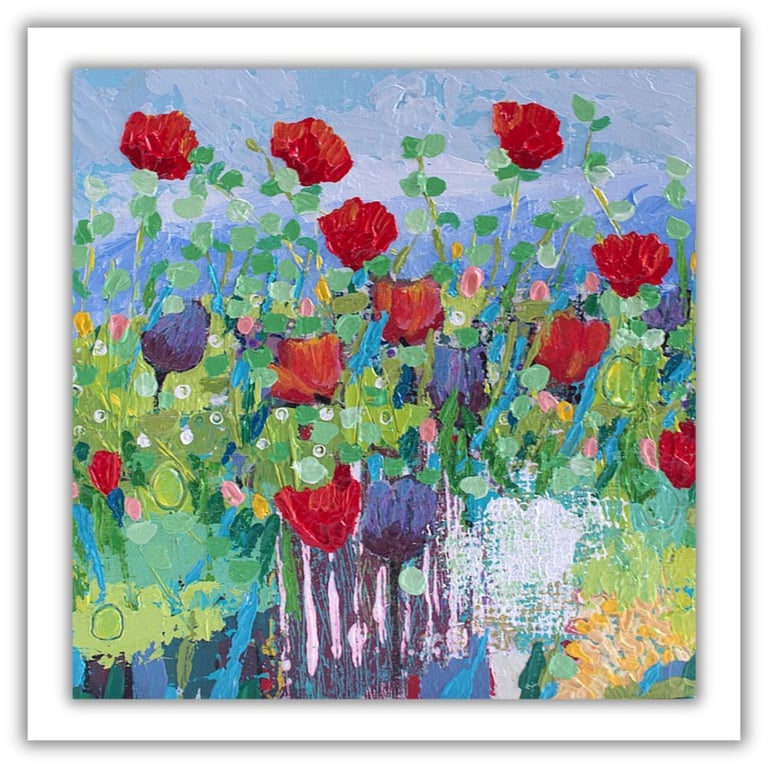 Original impasto wildflower painting - acrylics - ready to hang - red poppies