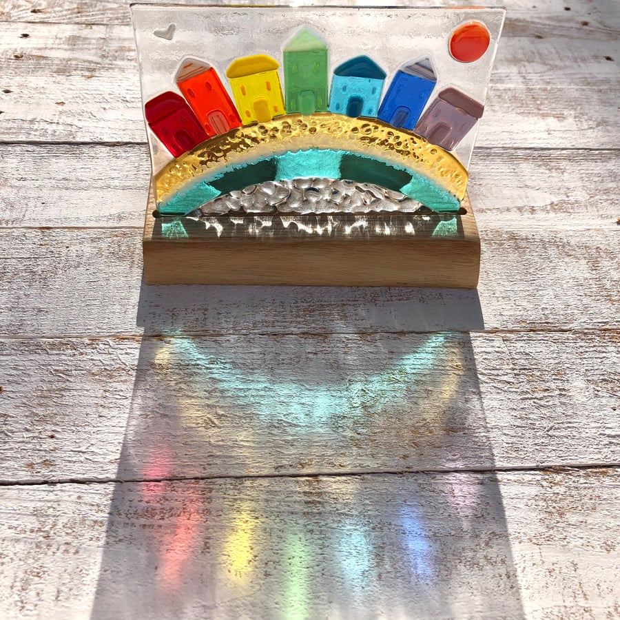 Fused Glass Rainbow Seaside Town set in Handcrafted Ash