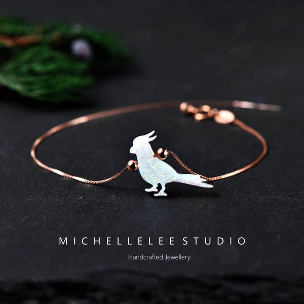 White Opal Parrot Bracelet With Sterling Silver Chain