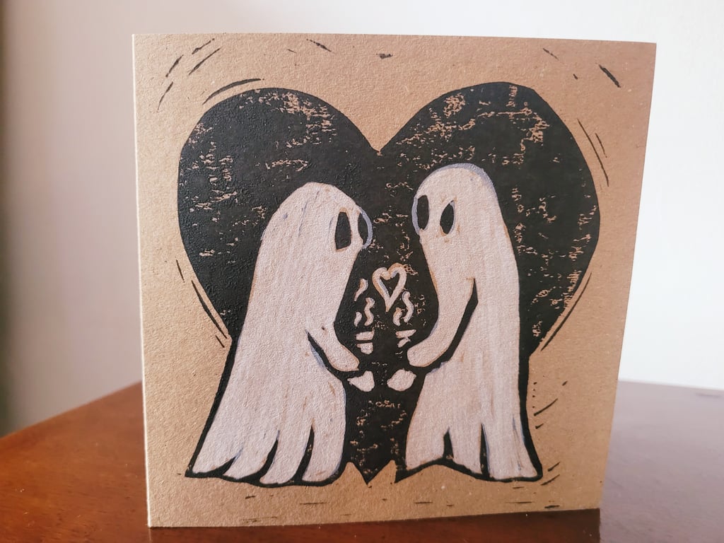 Ghosts drinking coffee lino printed valentines day card