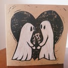 Ghosts drinking coffee lino printed valentines day card