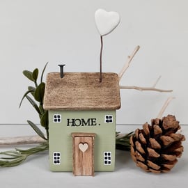 HOME Cottage (green) - Wooden House with White Clay Heart