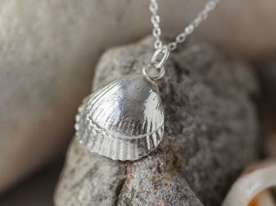 Silver Cockle Shell Necklace, Fine Silver Shell Pendant 