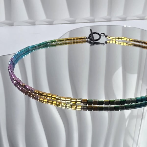 Rainbow Hematite Beaded Necklace Minimalist Gradient Statement Jewellery