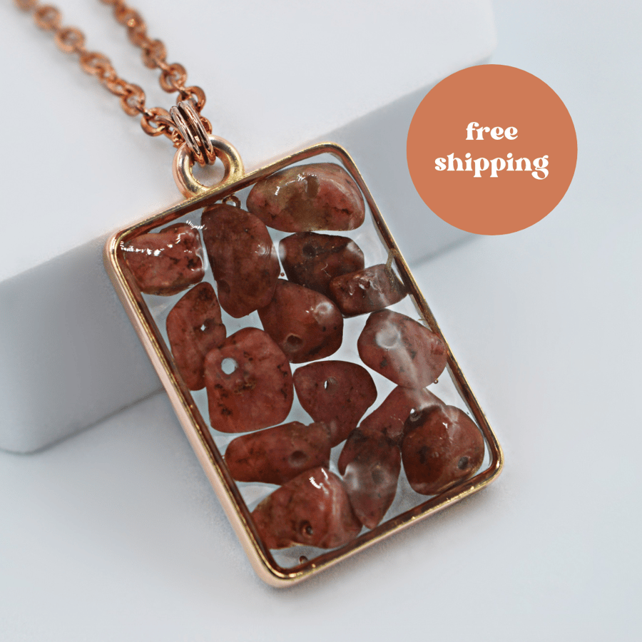 Rhodonite Rose Gold plated Rectangle Worry Stone Necklace - Free Postage