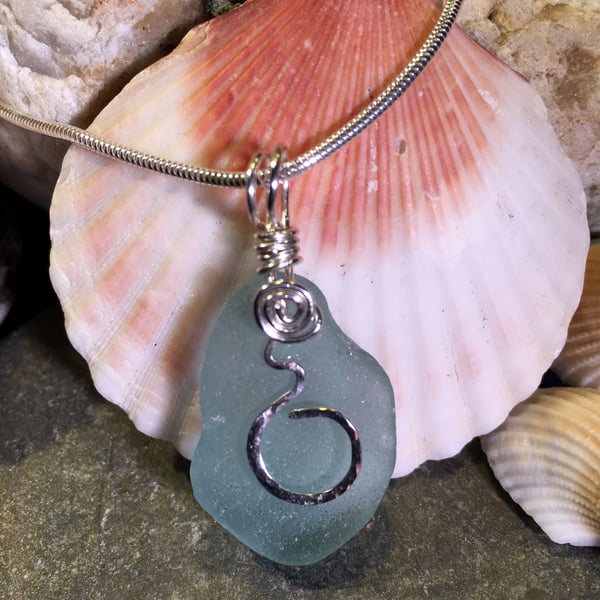 Genuine Sea Glass Pendant with Sterling Silver Handmade Charm 