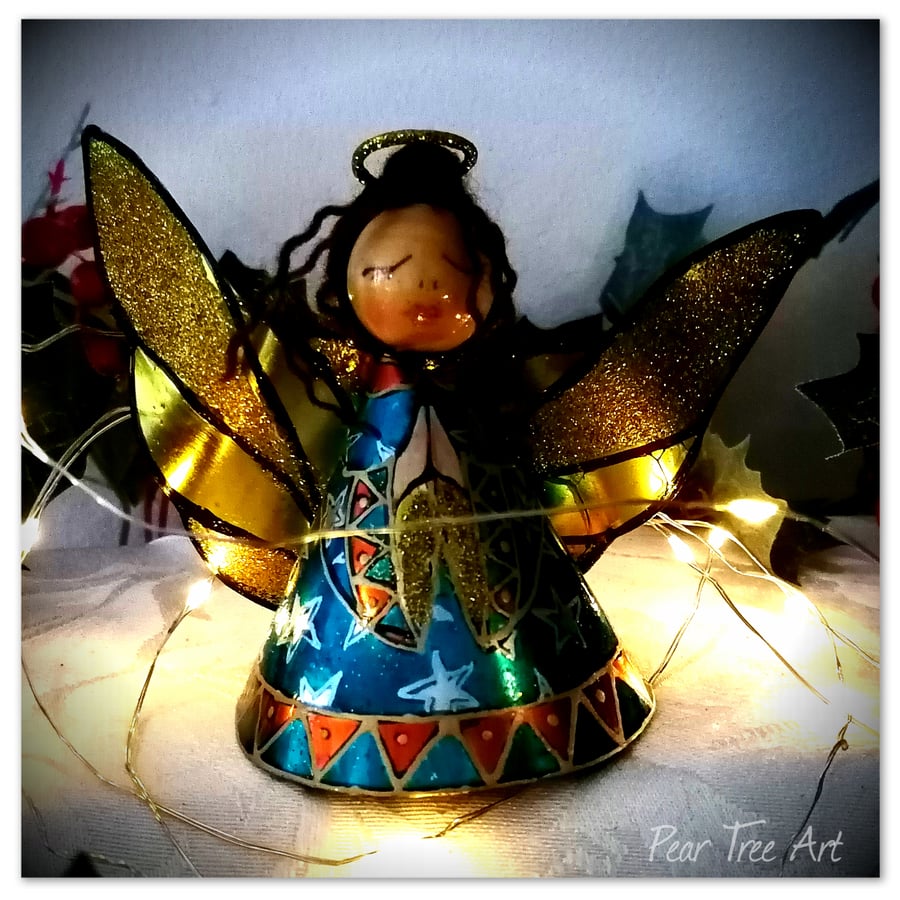 Medium: Tin Angel Christmas Tree decoration (Turquoise and Orange) 