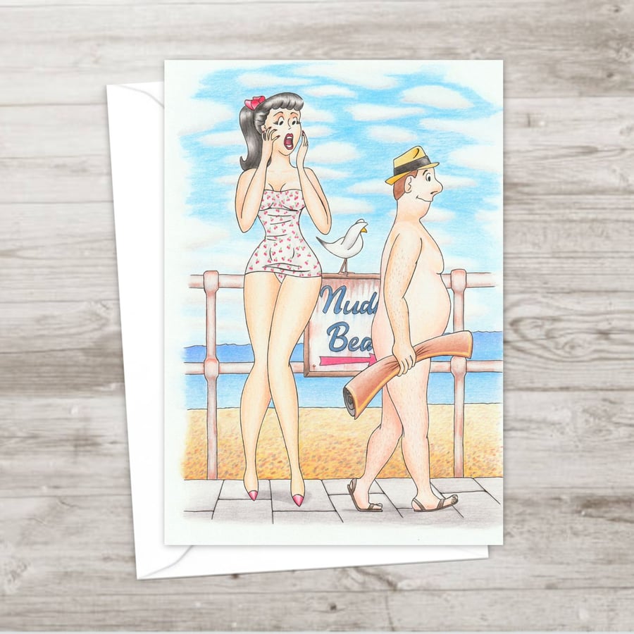 Nudist Beach Greetings Card: Hand Drawn Postcard Style Artwork (802)