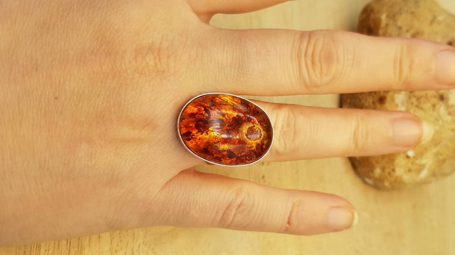 Large statement Amber Ring. Russian pressed amber. 25x18mm