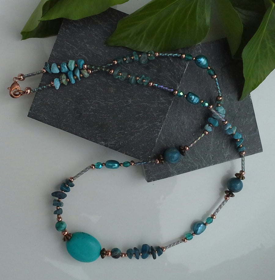 Apatite, Freshwater Pearl,  Turquoise, Glass Bead Necklace