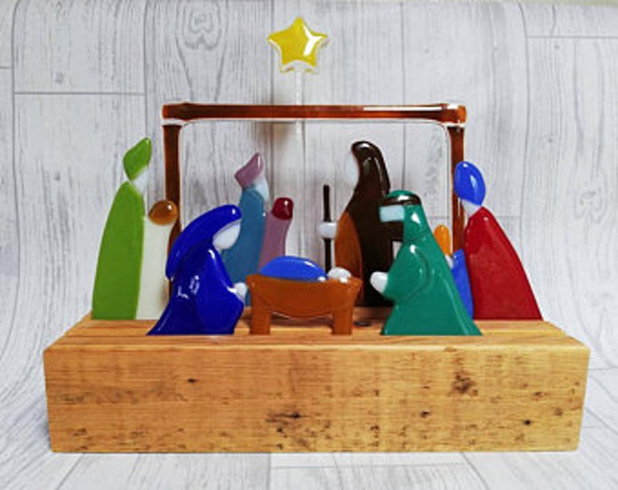 Fused Glass Nativity Set, Freestanding in a Recycled Wooden Block, Christmas Nat