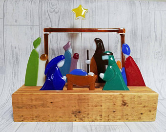 Fused Glass Nativity Set, Freestanding in a Recycled Wooden Block, Christmas Nat