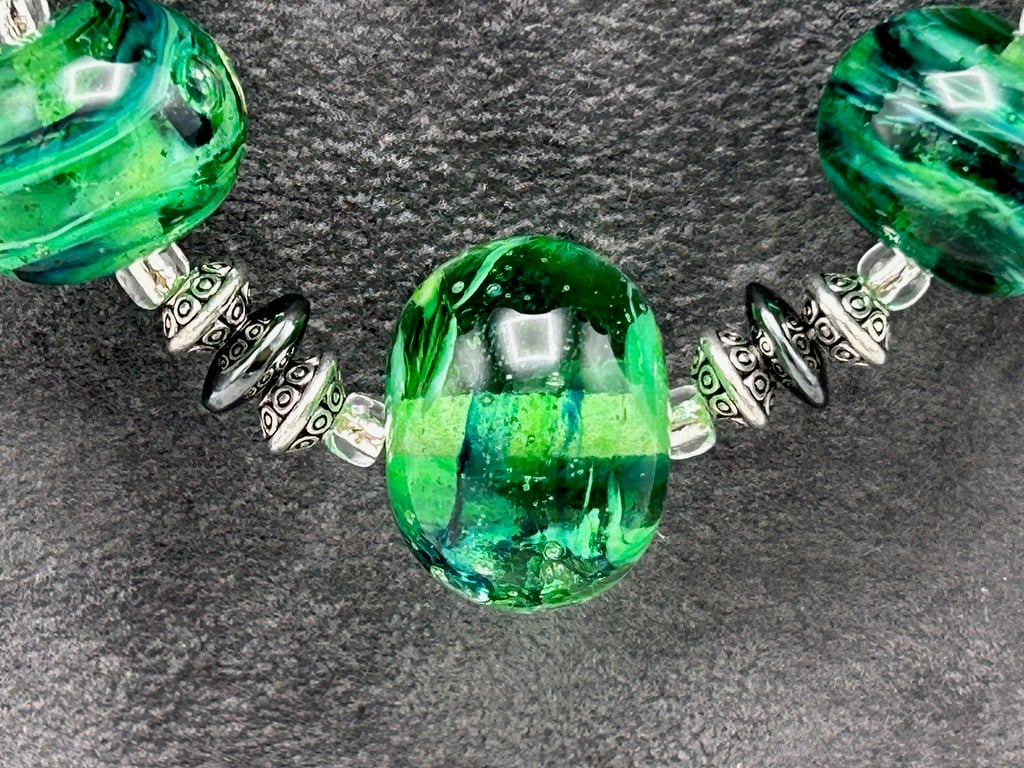 green swirly and sparkly handmade lampwork glass necklace