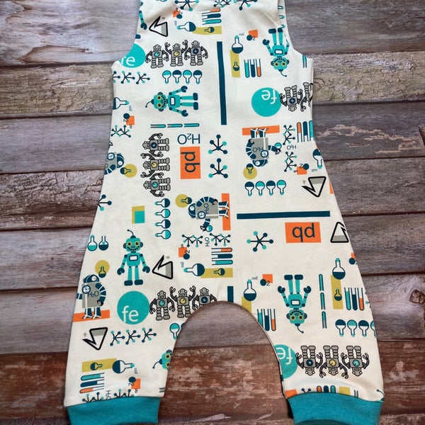 White Aqua Robot Baby dungarees, Robot science Baby Dungarees Romper 0-3 months,