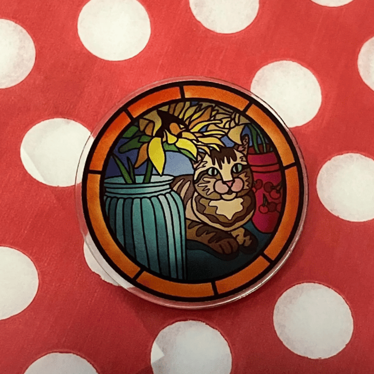 Stained glass window style pin brooch - Milly and sunflowers